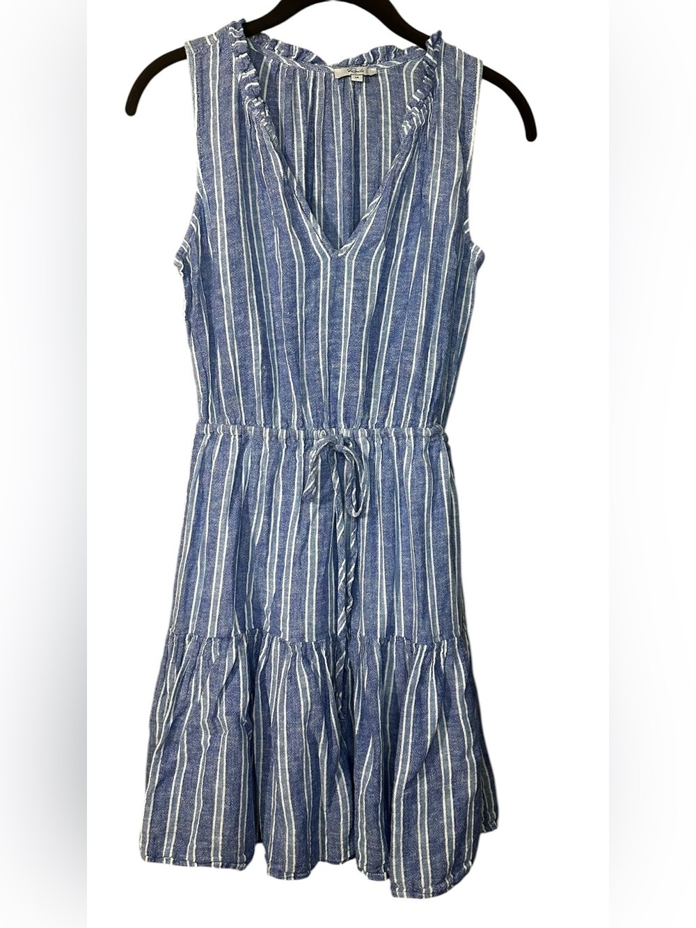 Rails Blue Stripe Linen Blend Sleeveless Ruffle Mini Dress Drawstring Waist XS